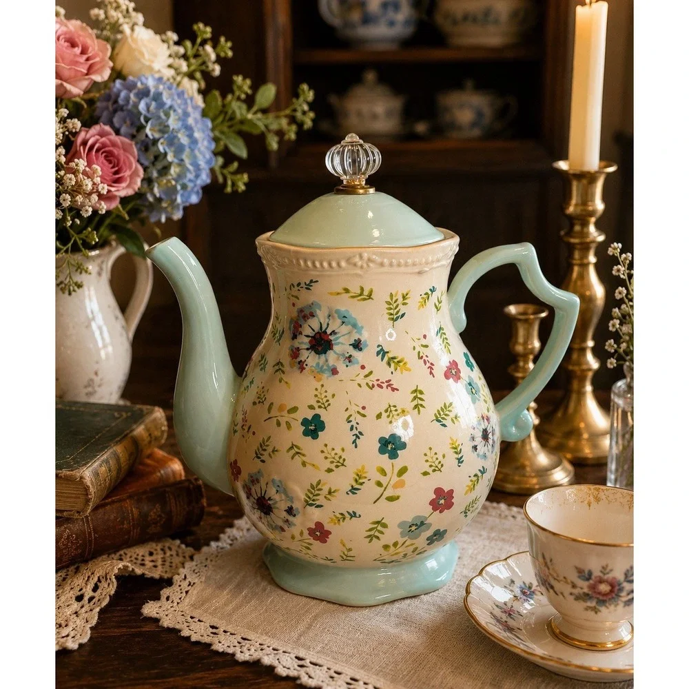 The Pioneer Woman Kari 2.7 Qt Stoneware Teapot Floral Blue Teal Farmhouse